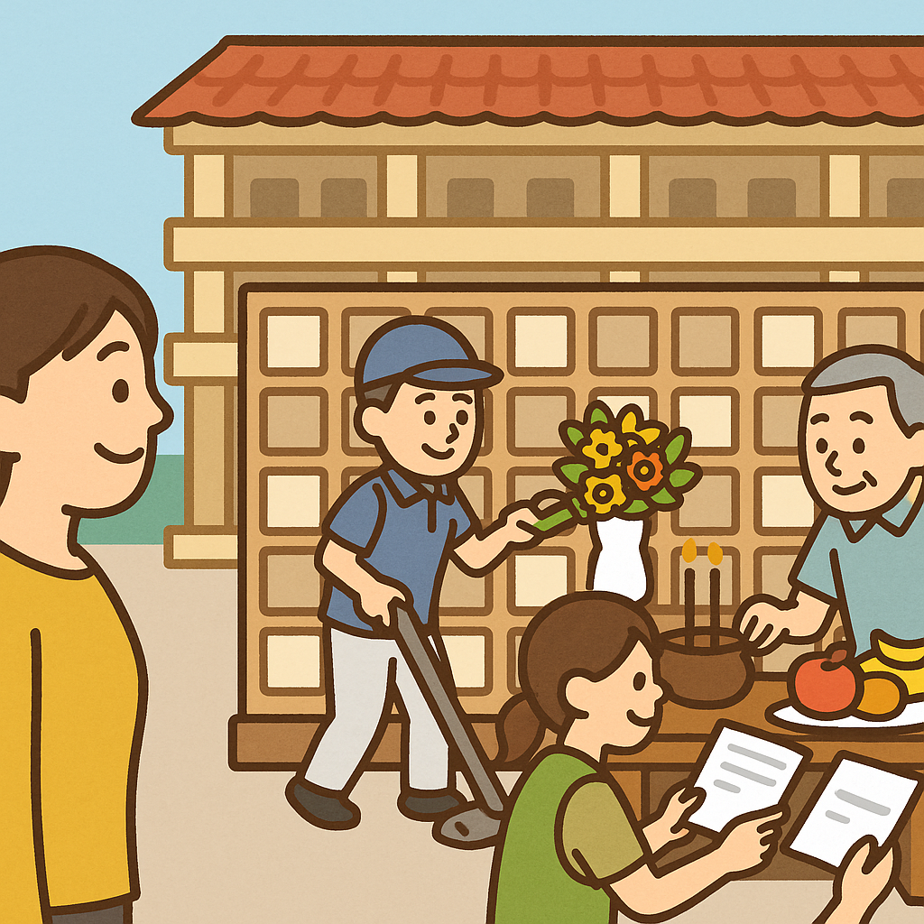 工作人員清掃、擺放花禮、更換供品